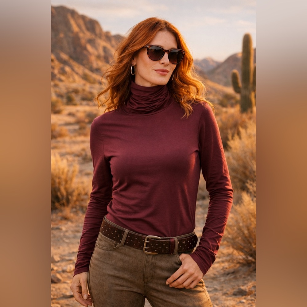 Peruvian Connection Extreme T-Neck Long Sleeve Top – Burgundy – Size L